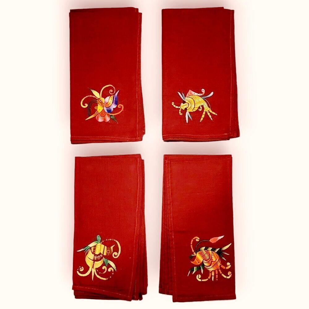 Vintage‎ Set of 4 Cloth Napkins with Embroidered Sea Creatures